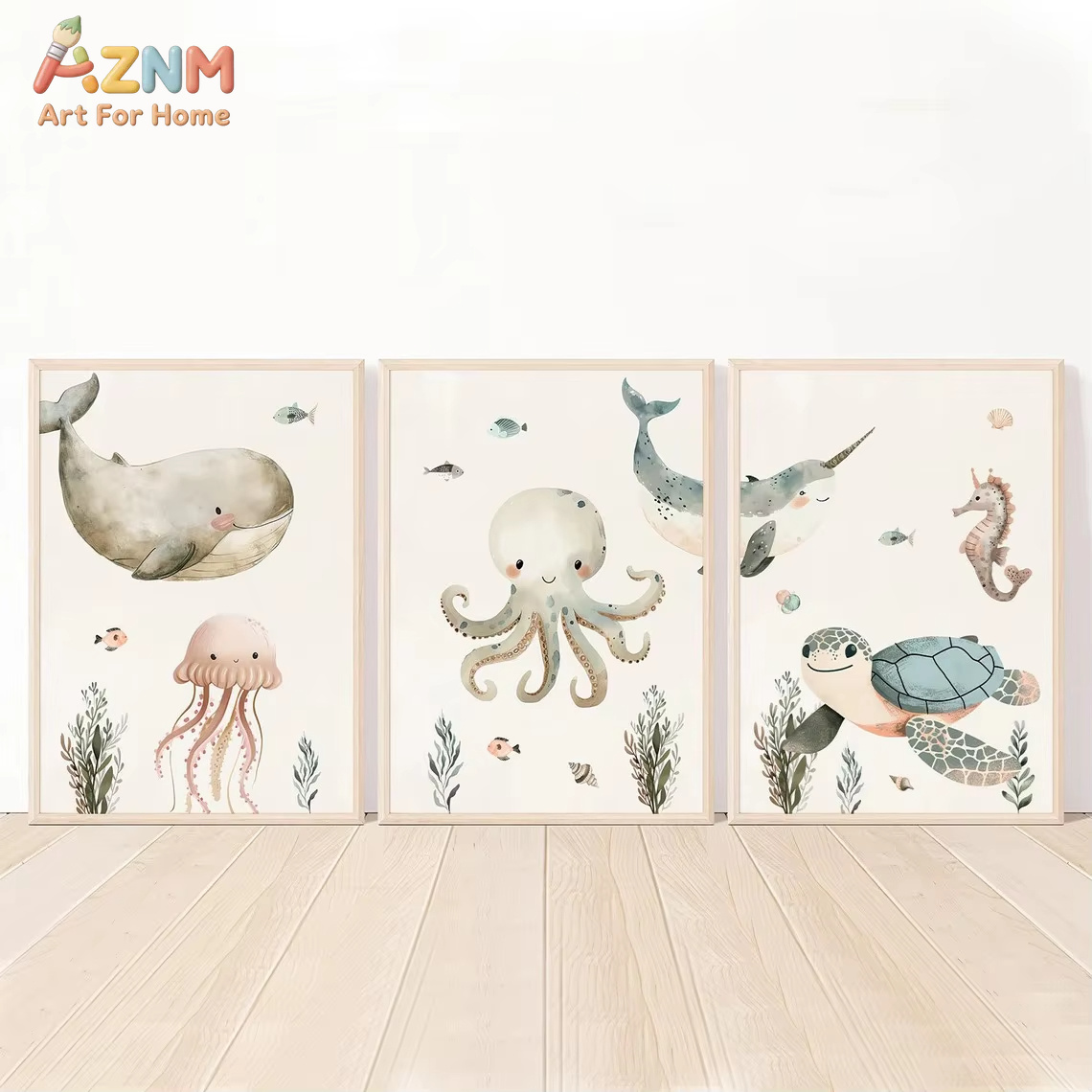 Baby Nursery Ocean - AZNM aquarel schattig oceaandier canvas kunst