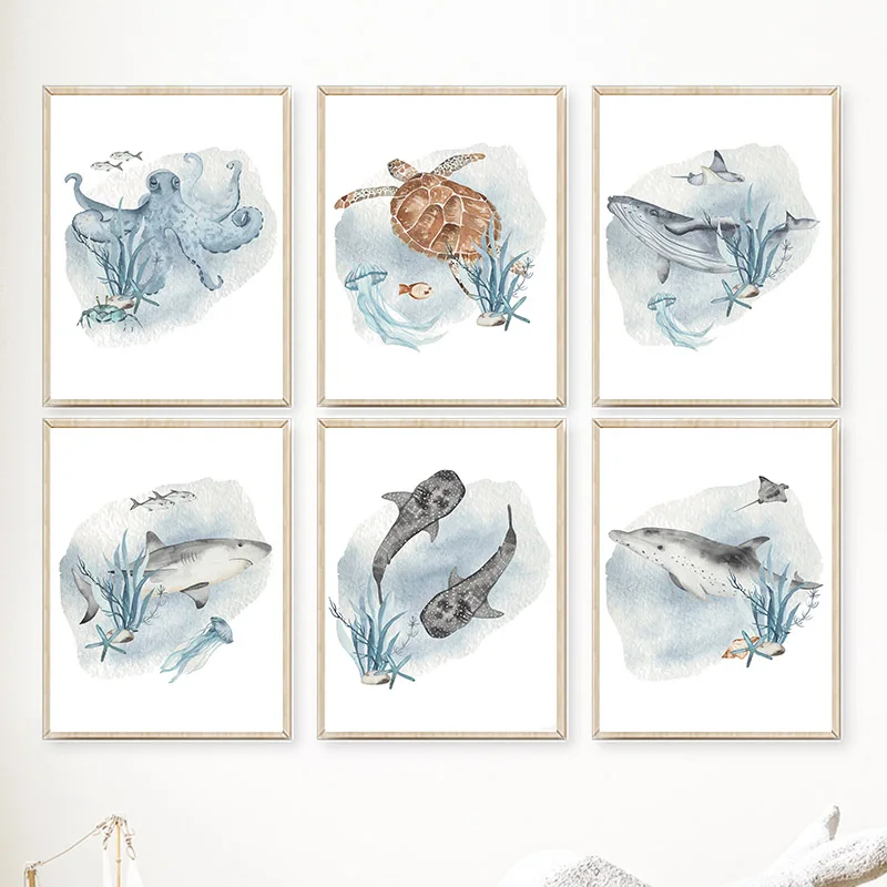 Baby Nursery Ocean - Posters En Afdrukken Walvisvis Haai Octopus