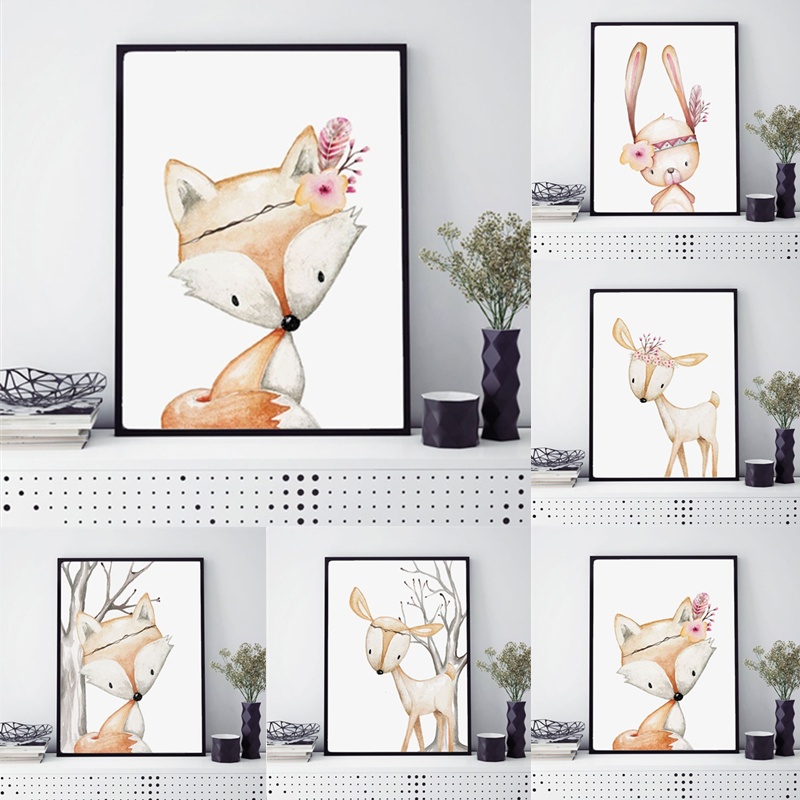 Baby Nursery Mirror - Cartoon Konijn Poster Vos Herten Schilderijen