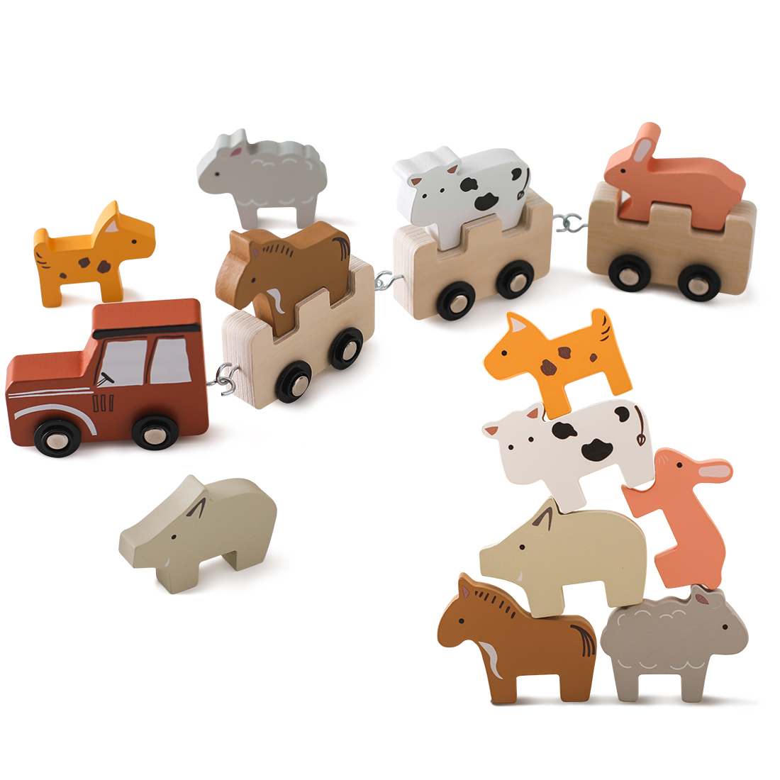 Baby Nursery Music - Kleurrijk houten duwtreintje met 6 stuks