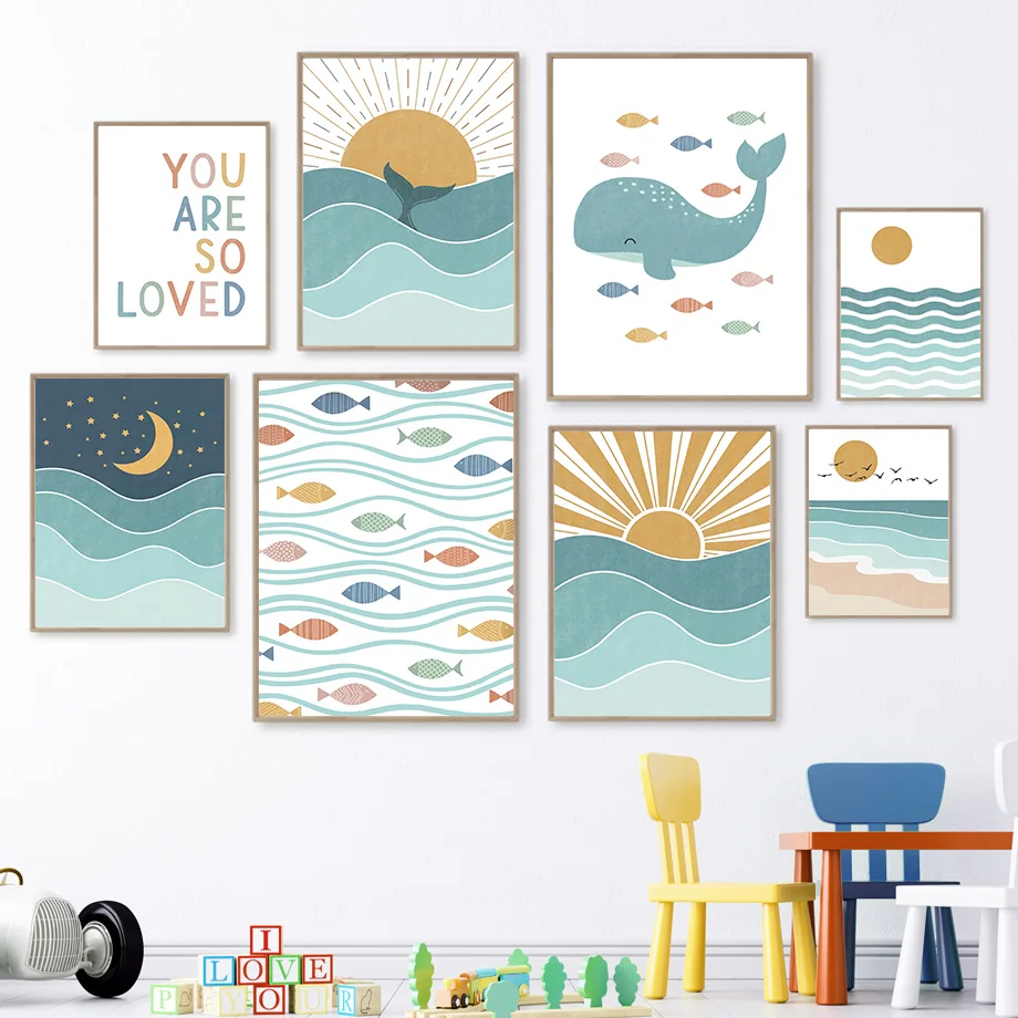 Baby Nursery Ocean - 1pc frameloze Vis Walvis Meeuw Zonsopgang