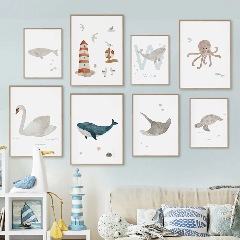 Baby Nursery Ocean - Aangepaste naam walvis octopus schildpad zwaan