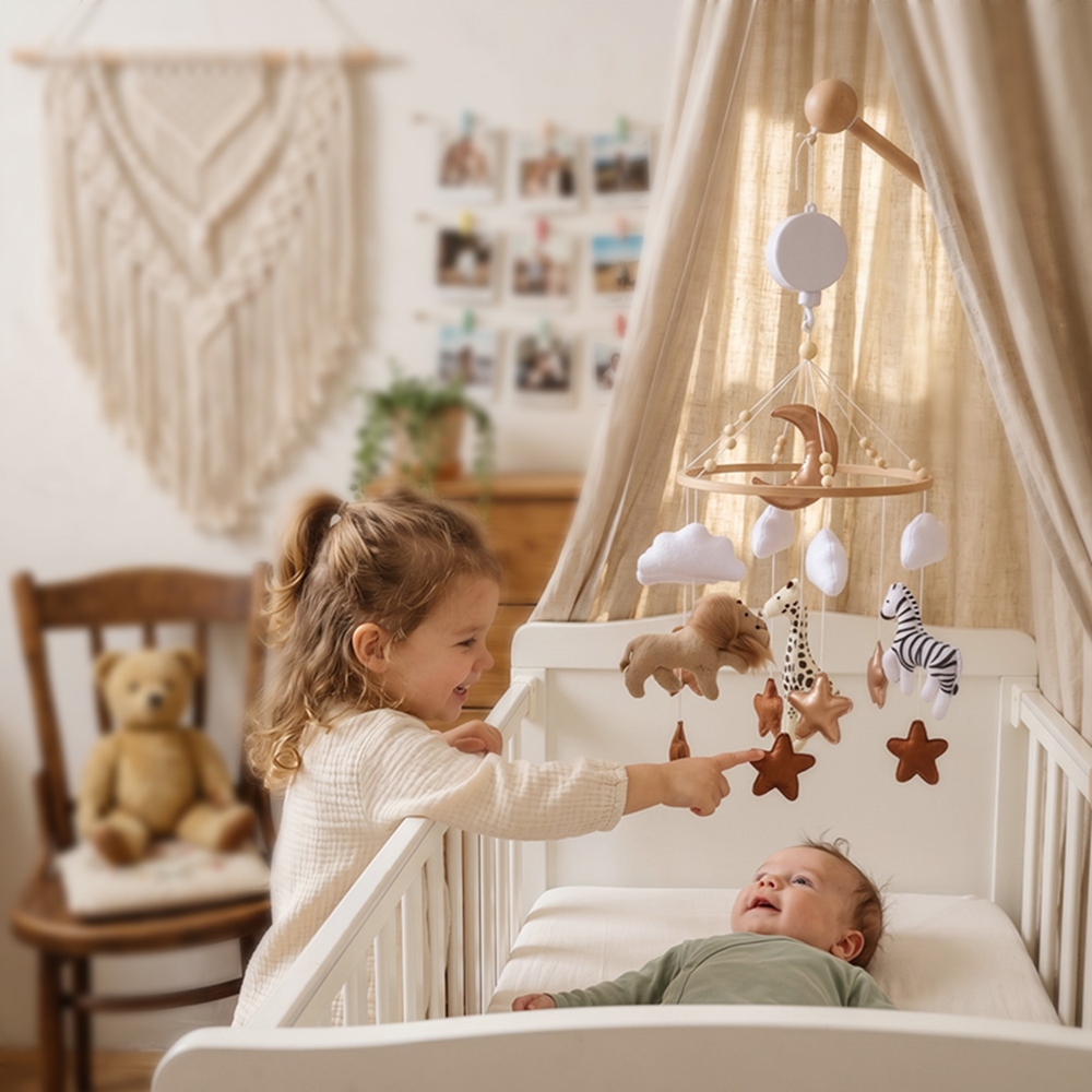 Houten bedbel babywieg mobiel  - Baby Nursery Music recensie en prijs